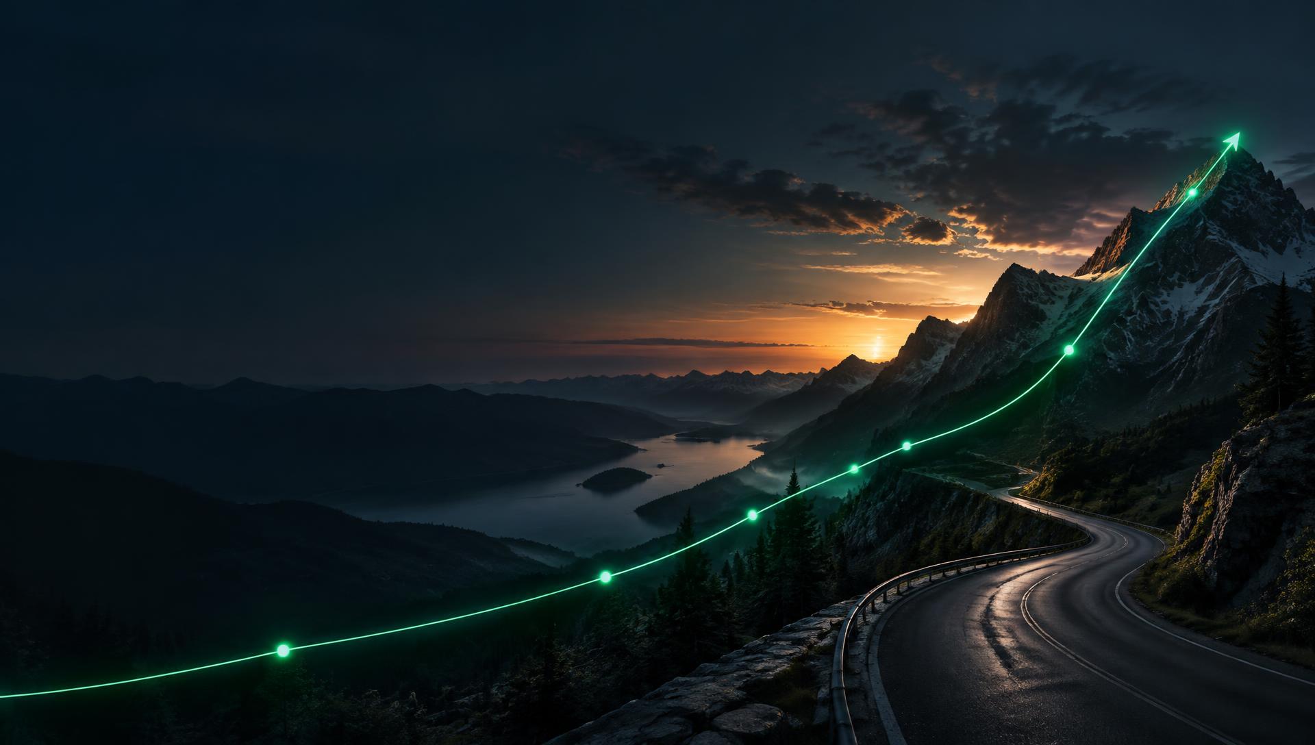 Mountain road at dusk with an ascending emerald curve